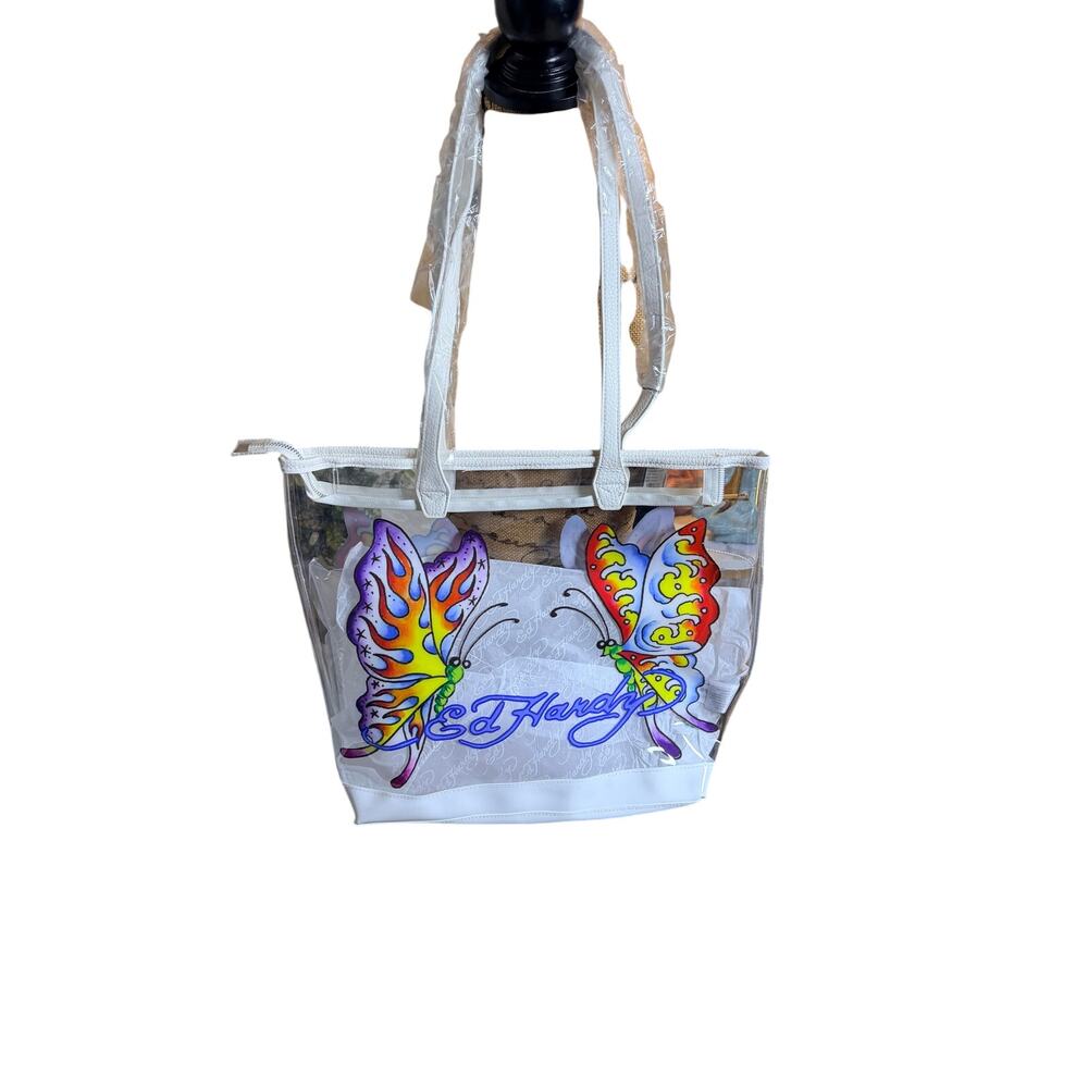 Ed Hardy Clear Crossbody Tote with Rainbow Butterfly Graphics